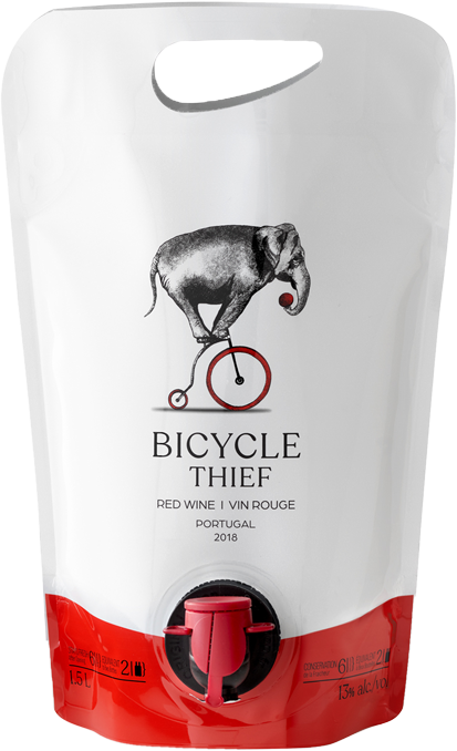 Wine pouch containing the Bicycle Thief logo in the front (an elephant on a bicycle)